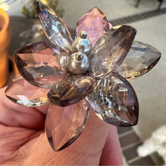 Flower Ring with Faceted Acrylic Petals and Faux Pearls - One Size Fits Most - Picture 6 of 7